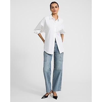Express Women's High Waisted Light Wash Cargo 50/50 Rigid Stretch Relaxed Straight Jeans in Blue, size: 0