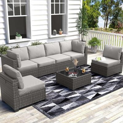 Garvee 7Pcs Patio Furniture Set Outdoor Sectional Rattan Patio Conversation Set Modular Wicker Sofa with Glass Coffee Table 2 Pillows PE Rattan