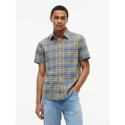 Tommy Hilfiger Men's Regular Fit Plaid Linen-Blend Shirt - Brisk Blue Multi - XS
