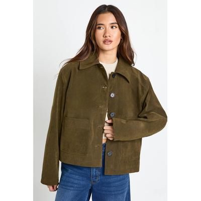 Suede Look Button Up Shacket, khaki