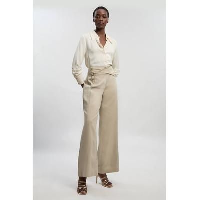 Tailored Linen Button Front Wide Leg Trouser, stone