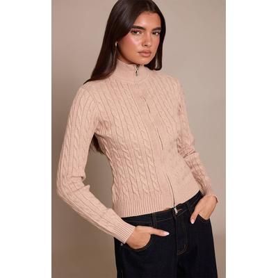 Oatmeal Cable Knit Long Sleeve Zip Up Jumper