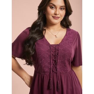Plus Size Lace-Up Tassels Patchwork Plain Top Plum V-neck Short sleeve Elegant Jersey Tops 12/L