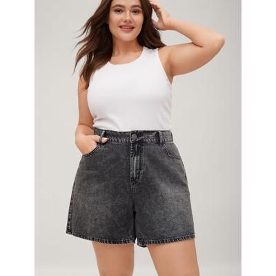 Plus Size Elastic Waistband Classic Cut Denim Shorts Women Denimcharcoal No stretch Everyday-Casual Slanted pocket Casual Denim Shorts BloomChic 14/1X