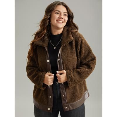 Plus Size PU Leather Patchwork Metal Detail Teddy Jacket Women DarkBrown Patchwork Dailywear Jackets BloomChic 14-16/1X