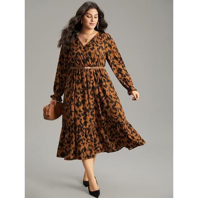 Plus Size Overlap Collar Leopard Gathered Ruffles Dress Chocolate Women Office Wrap Overlap Collar Long Sleeve Curvy Midi Dress BloomChic 28/5X