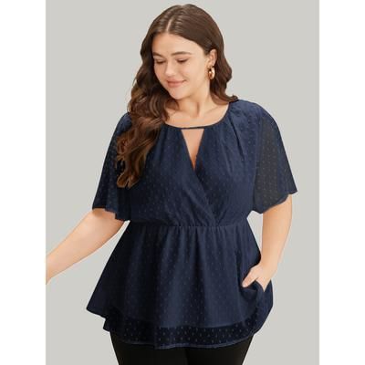 Plus Size Indigo Polka Dot Keyhole Mesh Gathered Flutter Sleeve Blouse Women Office Short sleeve V-neck Work Blouses BloomChic 10/M