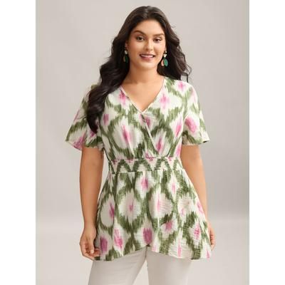 Plus Size Multicolor Tie-Dye Shirred Waist Pockets Blouse Women Short sleeve Overlap Collar Vacation Blouses BloomChic 26/4X