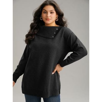 Plus Size Supersoft Essentials Asymmetrical Neck Button Detail Pullover Black Women Casual Loose Long Sleeve Asymmetrical Neck Dailywear Pullovers BloomChic 12/L