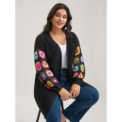 Plus Size Crochet Floral Drop Shoulder Cut Out Cardigan Black Women Resort Loose Long Sleeve Vacation Cardigans BloomChic 28/5X