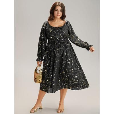 Plus Size Glitter Star Knot Neck Pocket Lantern Sleeve Dress Black Women Party Elastic cuffs Tie Neck Long Sleeve Curvy Midi Dress BloomChic 14-16/1X