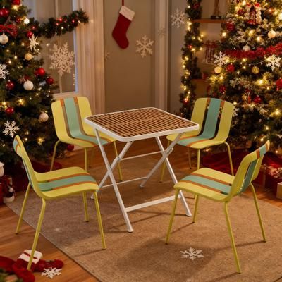 Watnature Indoor Outdoor Chairs 4 Pack Modern Striped Color Block Lemon Yellow Tropical Orange Mint Green Polypropylene Seat Metal Legs Living Room