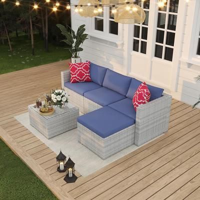 Qeetex 5 Piece Deck Patio Furniture Set Outdoor Rattan Parlor Sofa Set All Weather Sectional Sofa with Glass Storage Table and Balcony Footstool