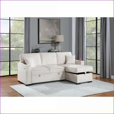 Watnature Modern Sectional Sofa 2pc Beige Corduroy Set Reversible Storage Chaise Pull-Out Bed for Living Room Sleeper Corduroy one_size