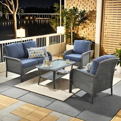 Zora 4-Piece Wicker Patio Conversation Seating Sofa Set with Denim Blue Cushions and Table