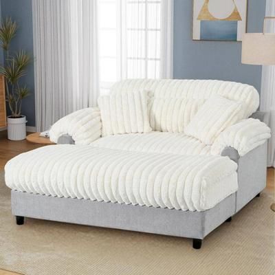 65.2 in. Pillow Top Arms Faux Fur Fabric Square Chaise Lounge Sofa Couch in Beige with 2 Pillows