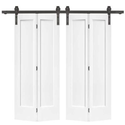 48 in. x 80 in. Hollow Core 1-Panel Shaker White Painted Composite Double Bi-Fold Barn Door with Sliding Hardware Kit