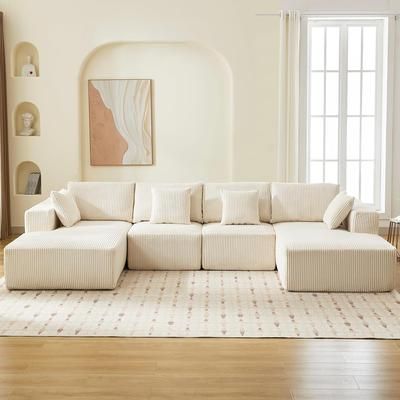 Garvee 137in Modular Sectional Sofa Cloud Foam Sectional Couch with U-Shape Chaise/Throw Pillows/Plush Corduroy Fabric No Assembly Required