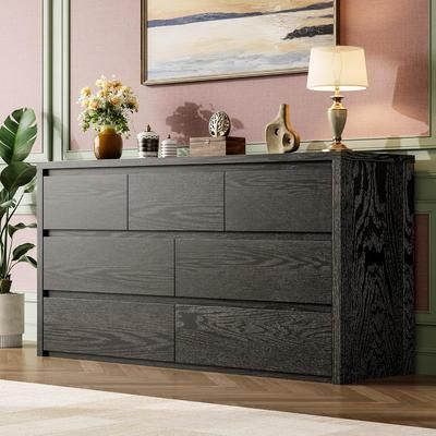 Garvee 7 Drawer Dresser for Bedroom Wide Modern Chest of Drawers Large Wood Dresser Wooden Storage Organizer for Living Room Hallway Entryway in Black