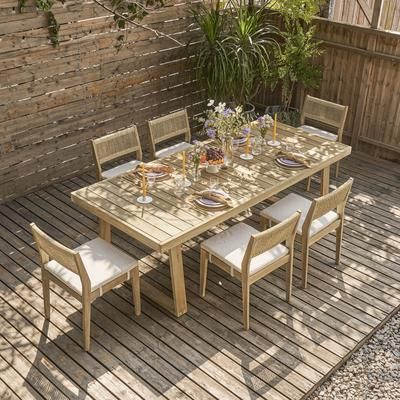 Castlery Rio Outdoor Teak Dining Table Set for 6, Natural Beige, Treated Solid Teak Wood, Durable, Weather-Resistant