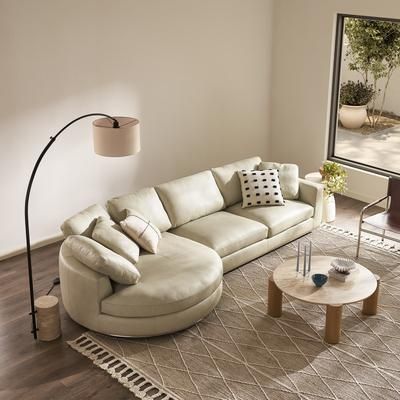 Beige Top Grain Leather Round Left Chaise Sectional Sofa | Hamilton by Castlery, White, Modern, Comfortable, Reclining