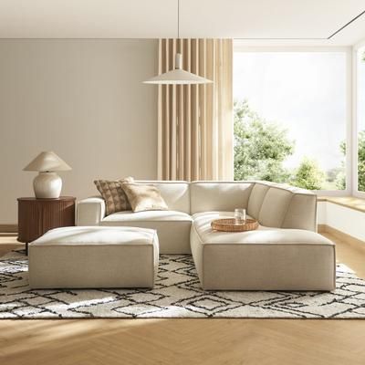 White Right Side Chaise Sectional with Ottoman | Jonathan by Castlery, Beige, Castlery Furniture Set