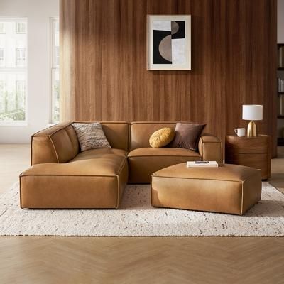 Brown Top Grain Leather Left Side Chaise Sectional with Ottoman | Jonathan by Castlery