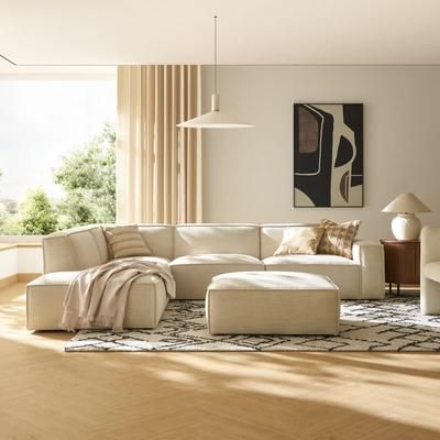 White Left Extended Chaise Sectional with Ottoman | Jonathan by Castlery, Beige, Modern Living Room Furniture