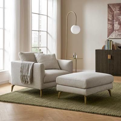 Spill-Resistant Armchair with Removable Frame and Cushion Covers and Brass Legs with Ottoman - Grey | Lena by Castlery, Ergonomic, Modern, Grey
