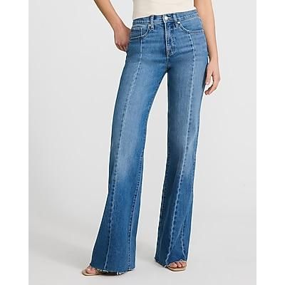 Express Women's High Waisted Medium Wash Front Seam Raw Hem Relaxed Flare Jeans in Blue, size: 16 Long