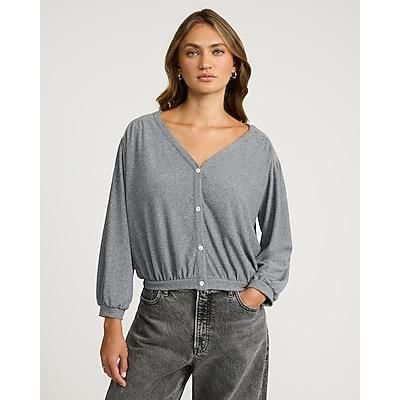 Express Women's Ribbed V-Neck Long Sleeve Button Front T-Shirt in Gray
