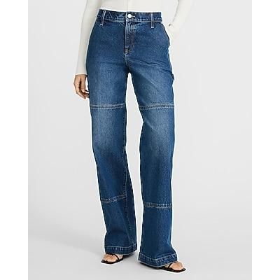 Express Women's High Waisted Dark Wash Wide Leg Palazzo Carpenter Jeans in Blue, size: 10 Short