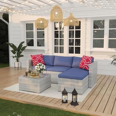 Garvee 5Pcs Patio Furniture Set Outdoor Glass Table and Cushions with Rattan Wicker Chairs Patio Furniture Set for Porch Balcony Backyard Garden Gray