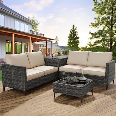 Garvee 4Pcs Patio Furniture Set Patio Sectional Furniture Set Rattan Wicker Outdoor Conversation Sets with Storage Box Glass Top Table one_size