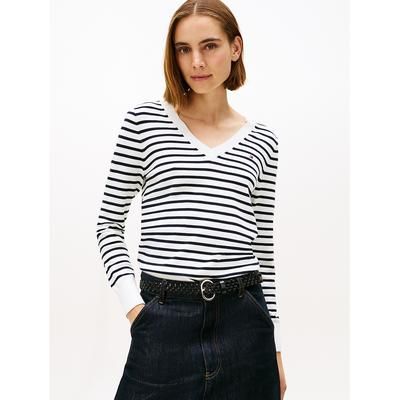 Tommy Hilfiger Women's Striped V-Neck Sweater - Ecru - M