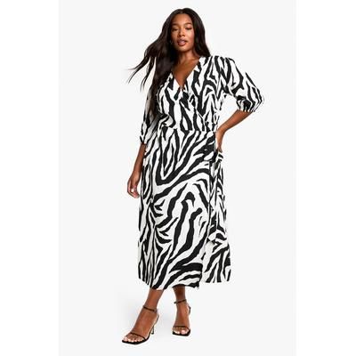 Plus Woven Animal Print Wrap Midi Dress, black