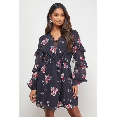 Printed Lace Detail Frill Sleeve Mini Dress