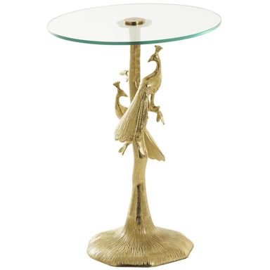 UMA Gold Aluminum Metal Peacock Textured Side End Accent Table with Glass Tabletop, 16&quot; x 16&quot; x 22&quot; | 13905