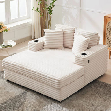 60" Oversized Chaise Lounge Chair Indoor, Cloud Fluffy Chaise Lounges w/Cup Holder and USB & Type C Charging Port, Corduroy Upholstered Boneless