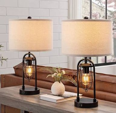 Kyrid 21 Table Lamp Set of 2 with Night Light and USB Port Industrial Modern Nightstand Lamp Set Bulbs Included