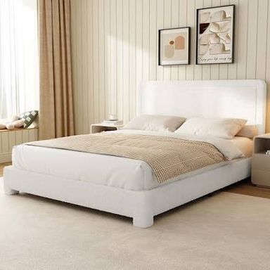 WEUP Queen Size Boucle Bed Frame, Soft Teddy Fabric Bed Frame, Upholstered Cloud Bed Frame with Headboard, Cream Bed Frame, Rounded C