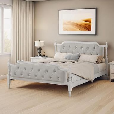 Amazon.com: REUZTO Queen Size Wood Bed Frame with Upholstered Tufted Headboard,French Provincial Style,Solid Pine Wood,No Box Spring Needed,Sturdy Slat Support,Elegant Home Decor,Antique White : Home & Kitchen