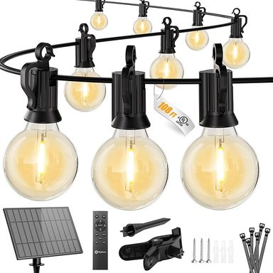 Brightown 108FT Solar String Lights Outdoor with Remote and 52 LED Shatterproof Bulbs, Dimmable & Timable, 3 Light Modes, Solar Patio String Lights Outdoor for Cafe, Garden, Deck, Outside Wedding - Amazon.com