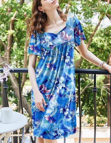 Ekouaer Women's House Dress Pleated Nightgown Short Sleeve Mumu Lounge Dress With Pockets at Amazon Women’s Clothing store