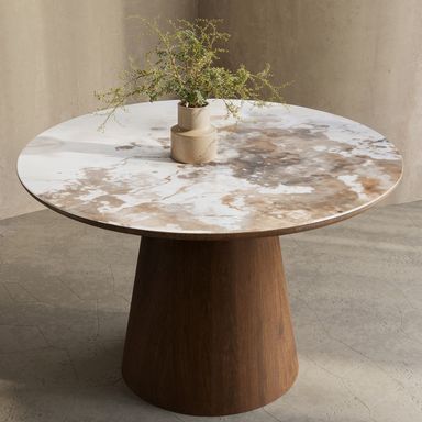 Round Walnut and Marble Effect Pedestal Dining Table - Seats 4 - Malia - Furniture123