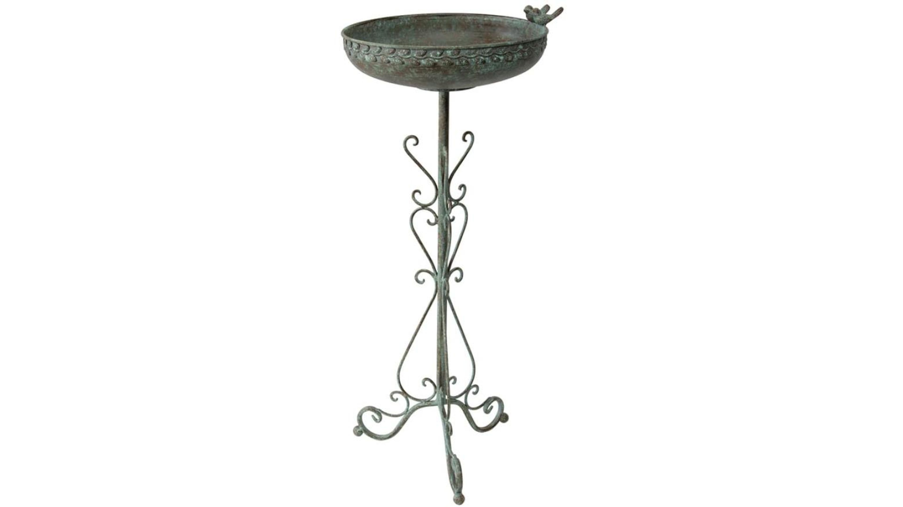 Artisan Ornate Round Birdbath with Bird Statue | Garden Decor