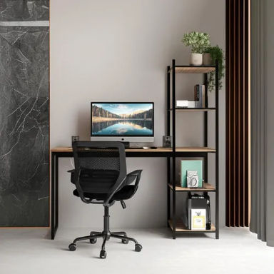 Set Escrivaninha Com 5 Prateleiras Lamina Com Preto + Cadeira Mesh - Estilo Vintage Madeira E Metal Para Home Office