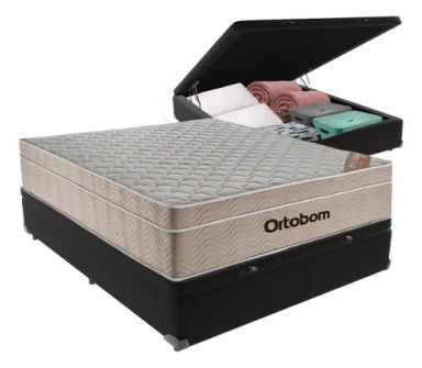 Cama Box Molas Ensacadas Baú Casal Colchão Airtech Ortobom Cor Preto