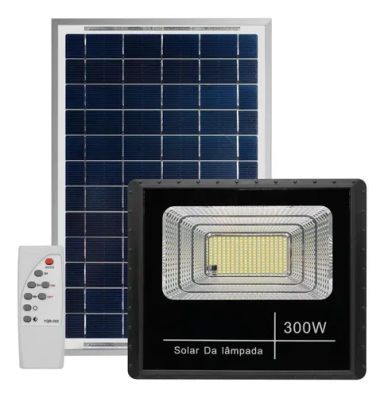Refletor Ry Solar Led Holofote 300w Placa Bateria Prova Dágua Carcaça Preto Luz Branco-frio