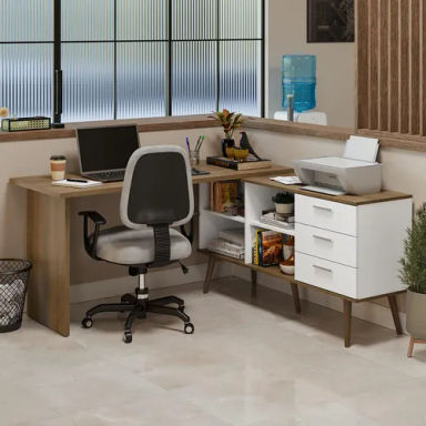 Mesa Escritório Em L 3 Gavetas Branco/rustic Lisboa Madesa